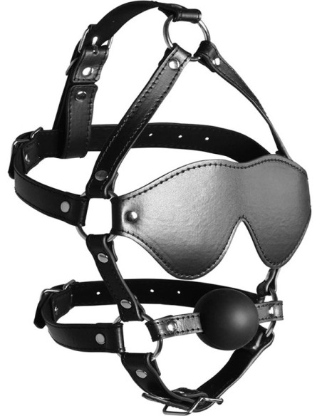 Ham BDSM cu calus si masca piele naturala - Shots Ouch! Xtreme Blindfolded Head Harness Solid Ball Gag