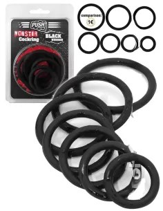 Push Monster Black Rubber Cockring 7 Ring Set